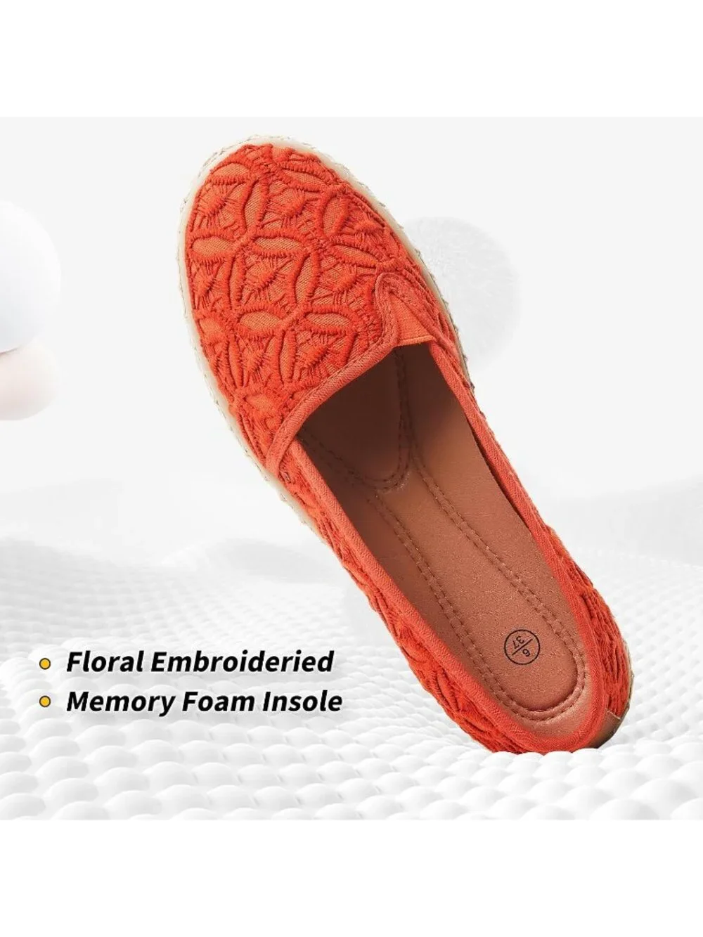Womens Orange Rubber Flower Embroidered Comfortable Round Toe Casual Ballet Flat
